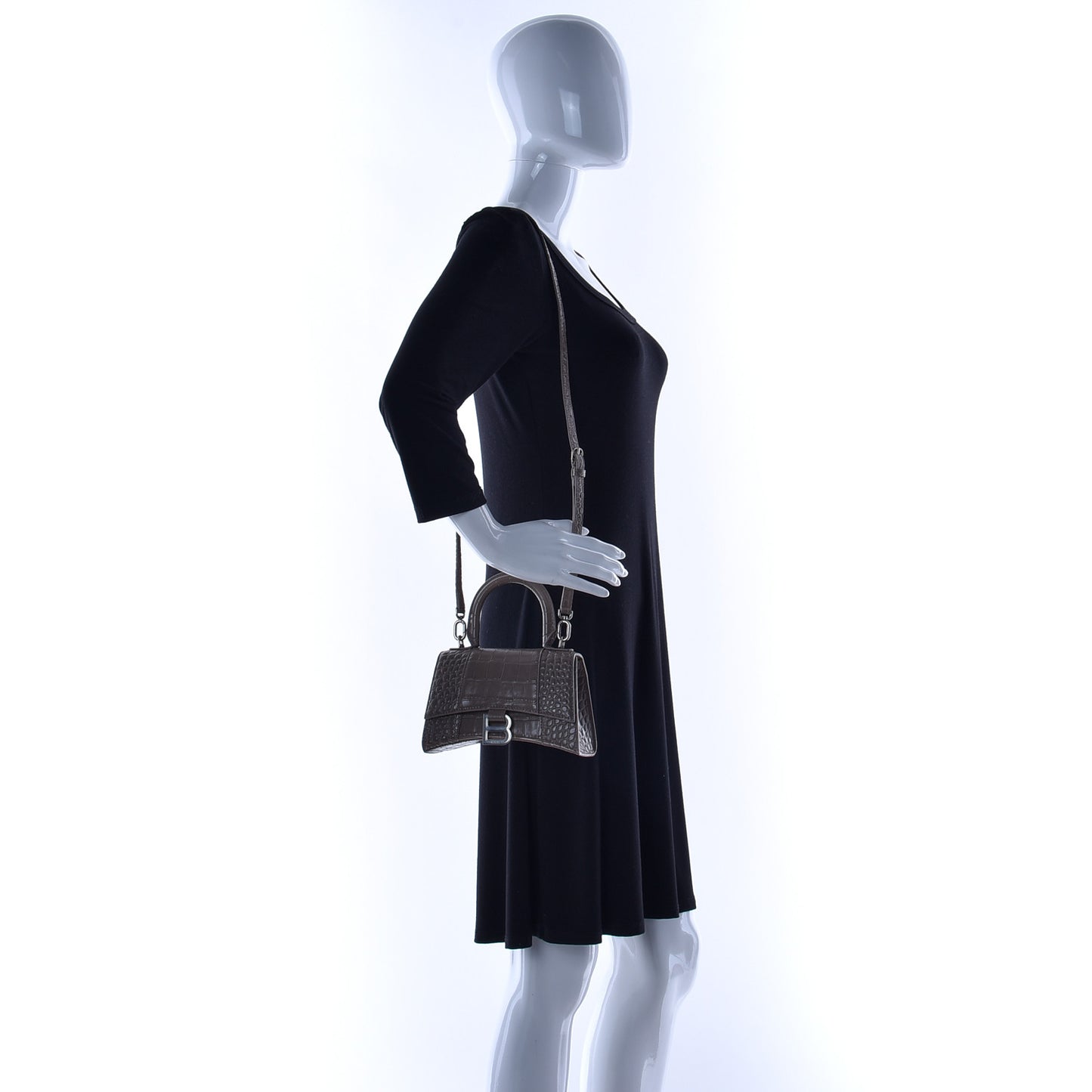 Shiny Calfskin Crocodile Embossed Hourglass Top Handle Bag XS Mink Grey