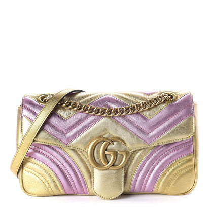 Gucci Metallic Calfskin Matelasse Small GG Marmont Shoulder Bag Gold Pink 1 of 10