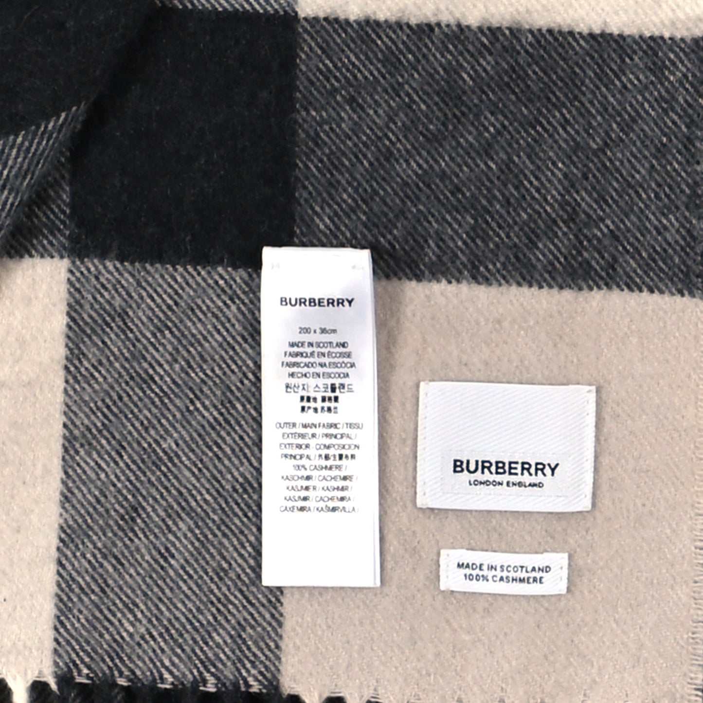 Cashmere Giant Check Fringe Scarf Stone