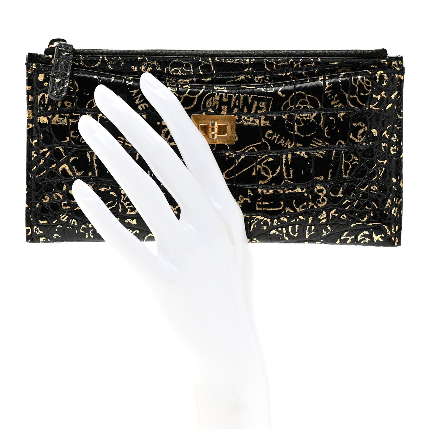 Calfskin Crocodile Embossed Graffiti 2.55 Cocodile Reissue Zip Pouch Black Gold