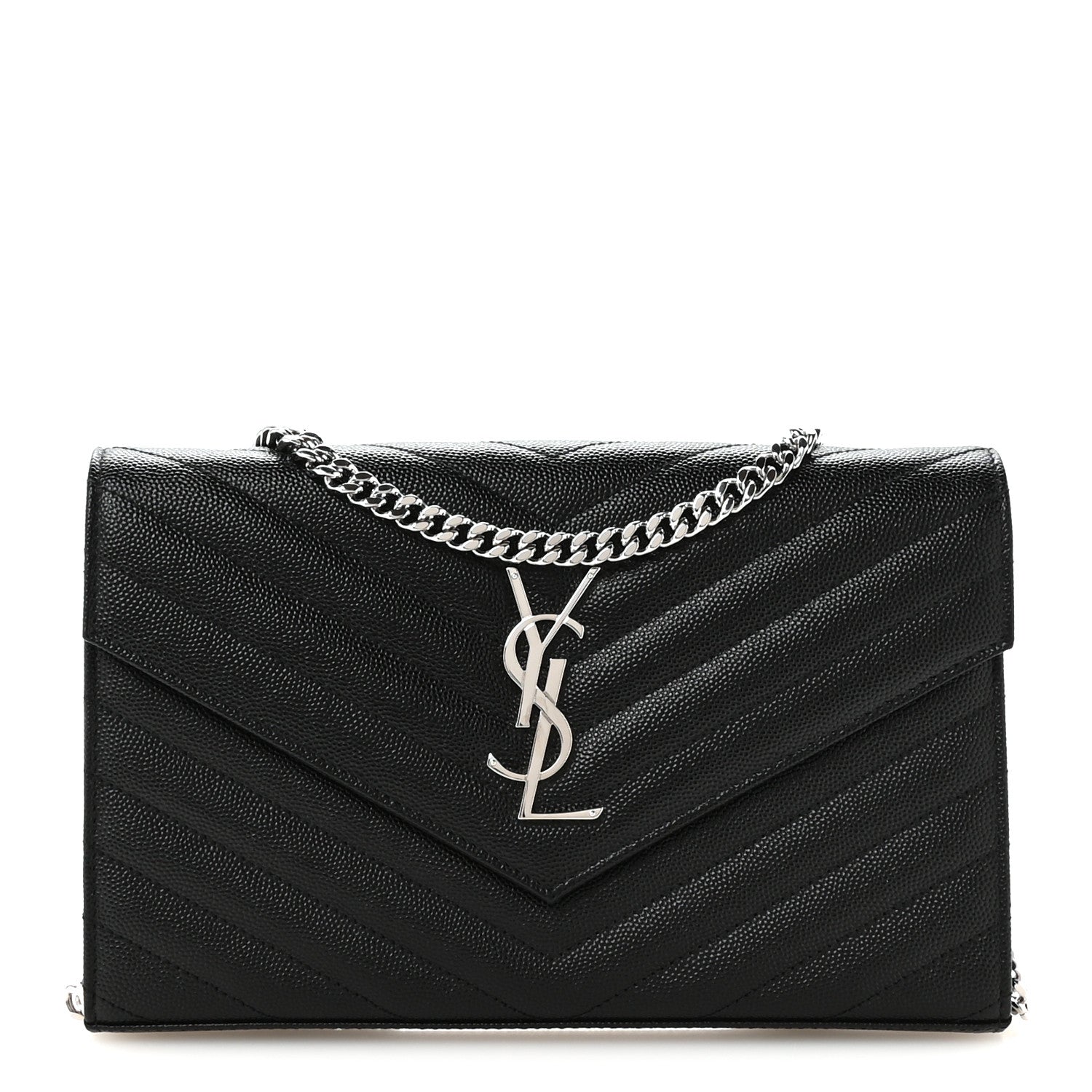 Saint Laurent Grain De Poudre Matelasse Chevron Monogram Chain Wallet Black 2 of 19