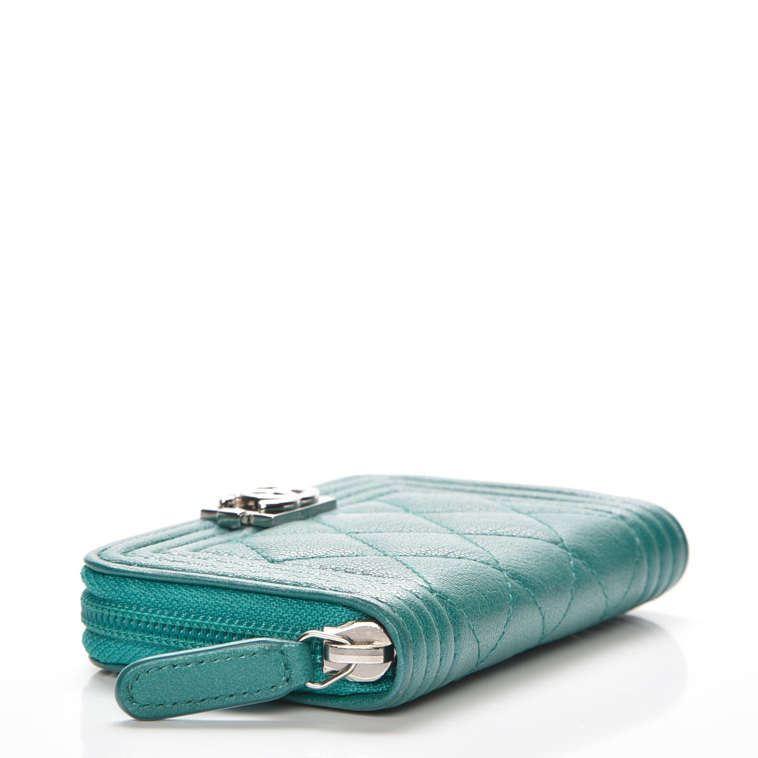Chanel Metallic Goatskin Quilted Boy Zip Around Coin Purse Wallet Turquoise 4 of 8
