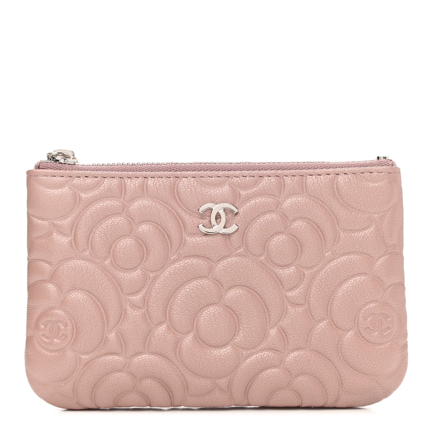 Goatskin Camellia Embossed Cosmetic Pouch Light Pink
