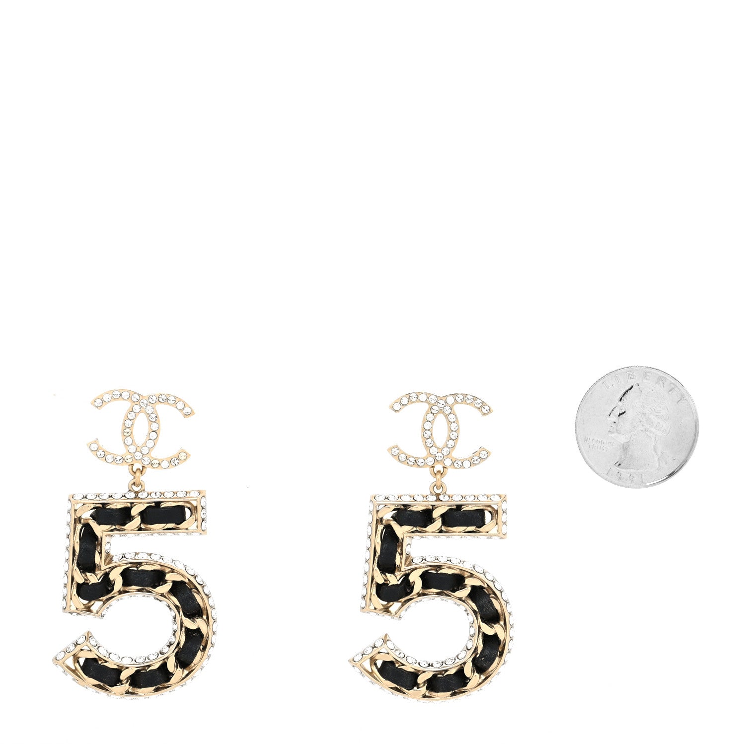Chanel Crystal Lambskin Chain CC No 5 Drop Earrings Gold Black 2 of 4