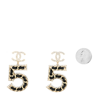 Chanel Crystal Lambskin Chain CC No 5 Drop Earrings Gold Black 2 of 4