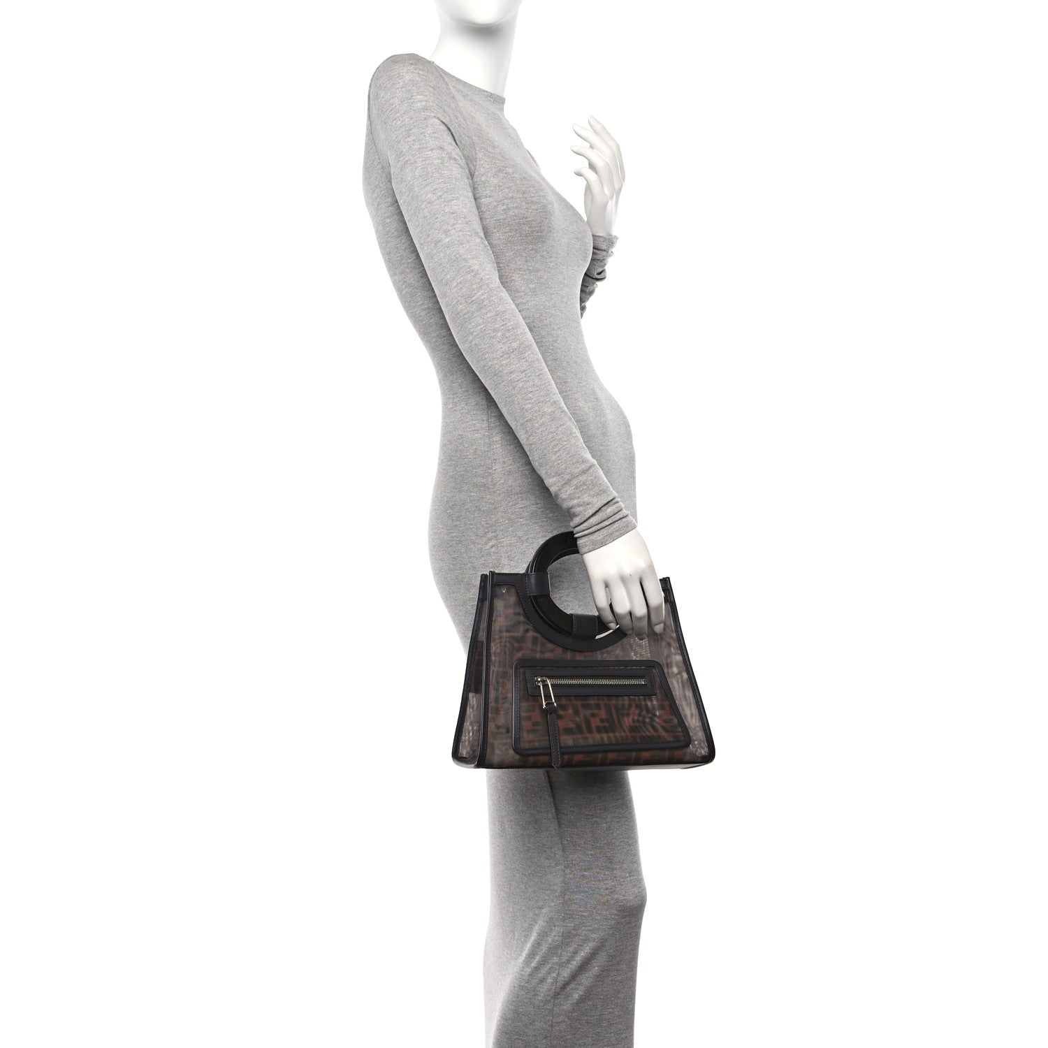Fendi Mesh Vitello Century Cuoio FF 1974 Small Runaway Shopper Tote Marrone Black Ebano 2 of 10