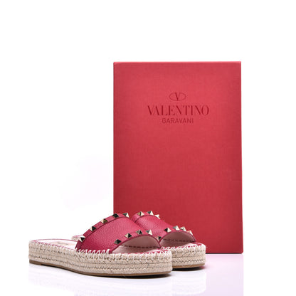 Valentino Garavani Pebbled Calfskin Rockstud Espadrille Flat Slide Sandals 38 Red 9 of 9