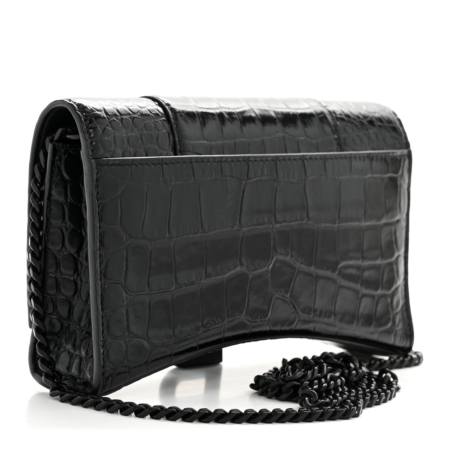 Balenciaga Shiny Calfskin Monochrome Crocodile Embossed Hourglass Chain Bag Black 3 of 15