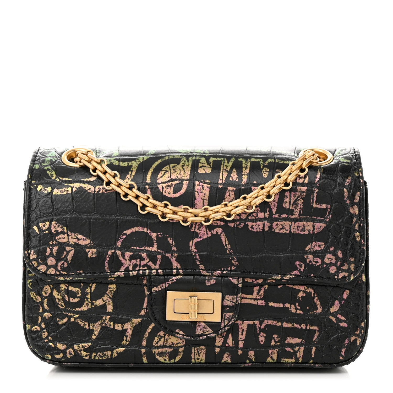 Chanel Calfskin Crocodile Embossed Graffiti 2.55 Mini Cocodile Reissue Flap Black Pink 1 of 11