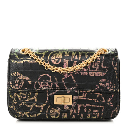 Chanel Calfskin Crocodile Embossed Graffiti 2.55 Mini Cocodile Reissue Flap Black Pink 1 of 11