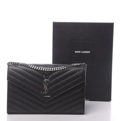 Saint Laurent Grain De Poudre Matelasse Chevron Monogram Chain Wallet Black 10 of 10
