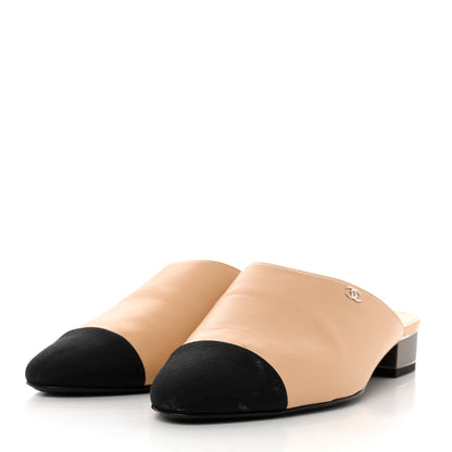 Chanel Lambskin Grosgrain Cap Toe CC Mules 38.5 Beige Black 3 of 8