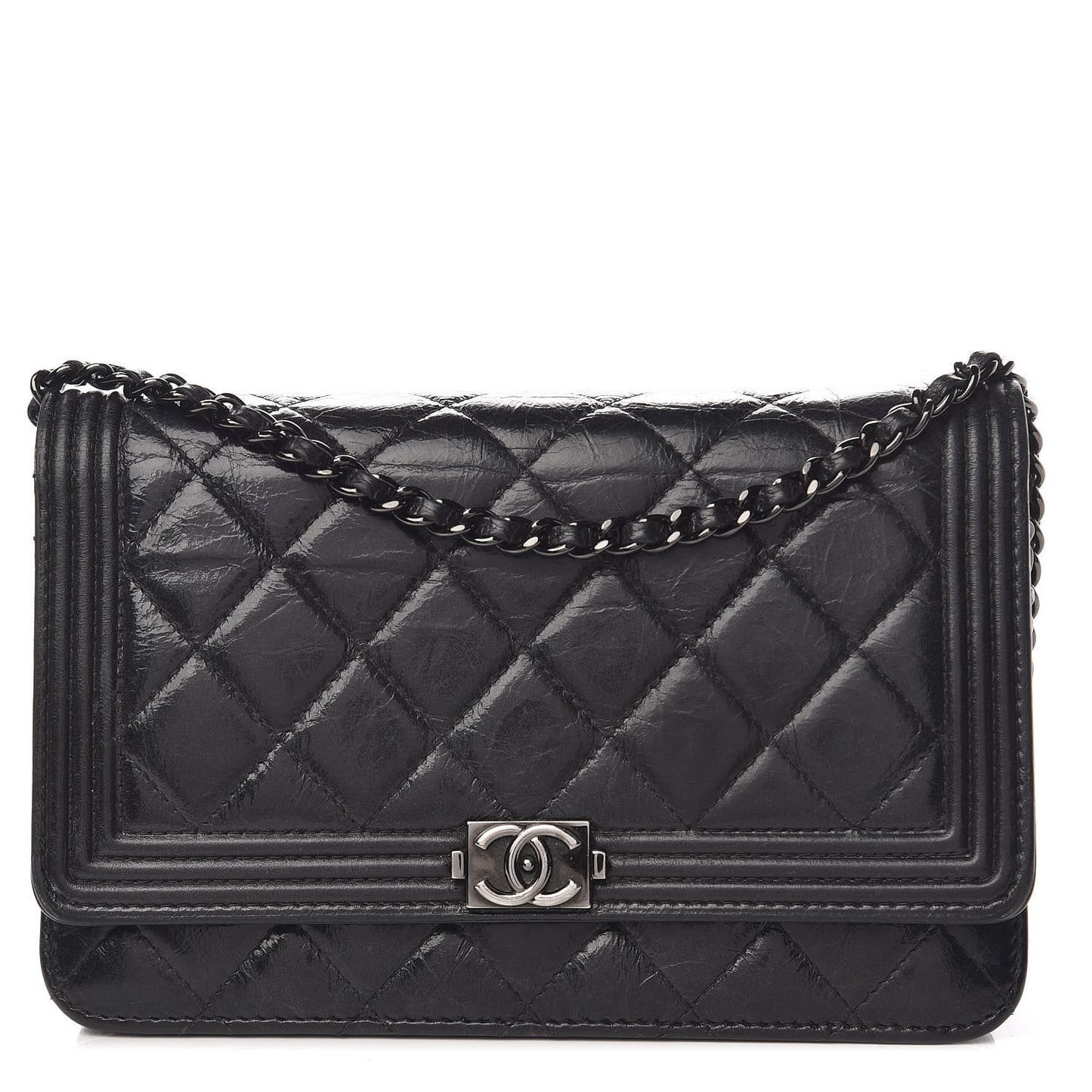 Shiny Aged Calfskin Quilted Boy Wallet On Chain WOC Black