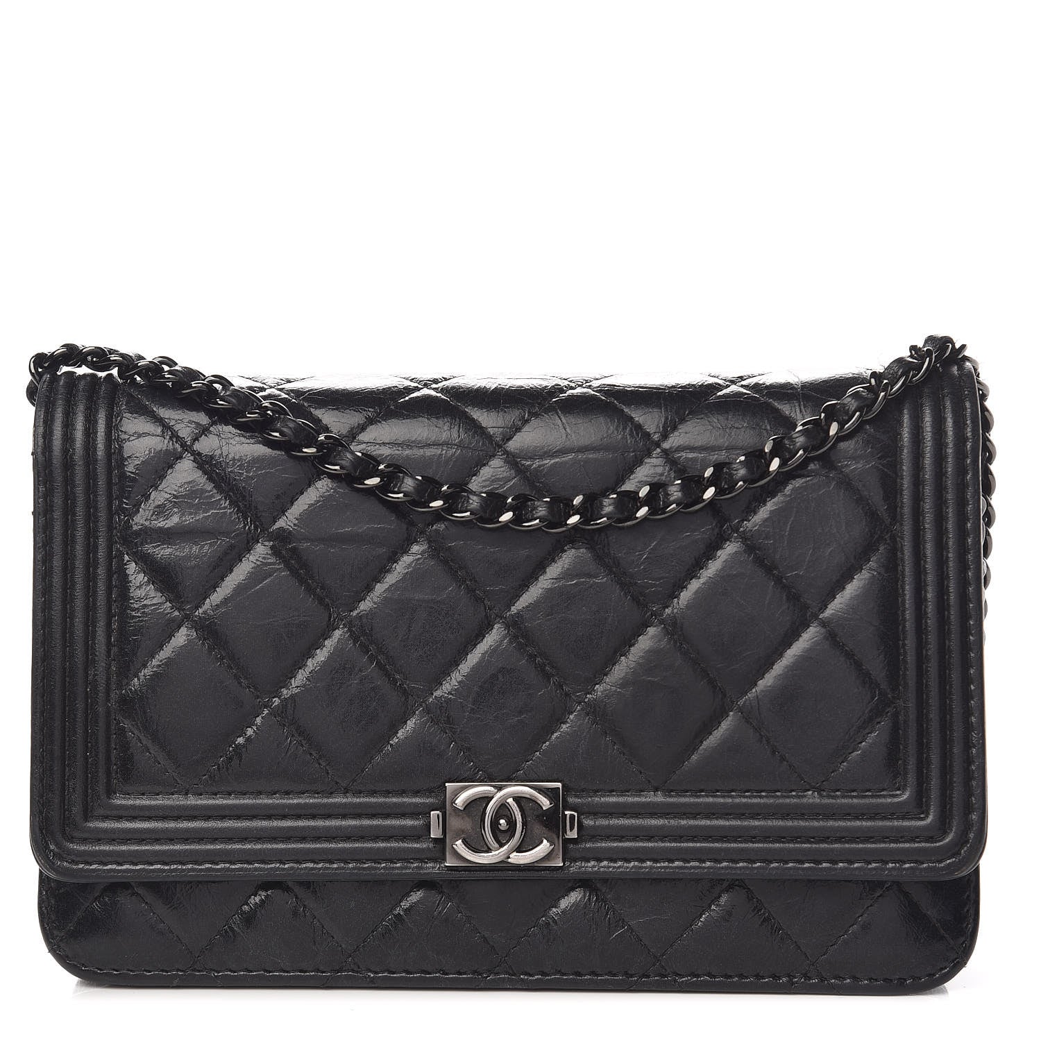 Chanel Shiny Aged Calfskin Quilted Boy Wallet On Chain WOC Black 1 of 19