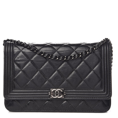 Chanel Shiny Aged Calfskin Quilted Boy Wallet On Chain WOC Black 1 of 19
