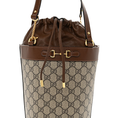 Gucci GG Supreme Monogram Azalea Sakai Calfskin Small Horsebit 1955 Drawstring Bucket Bag Beige Ebony Brown Sugar 7 of 9