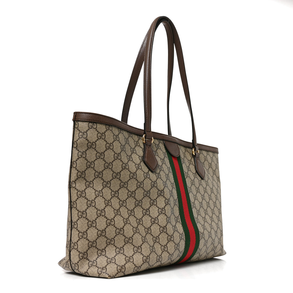 Gucci GG Supreme Monogram Textured Calfskin Web Medium Ophidia Shopping Tote Beige Ebony New Acero 3 of 12