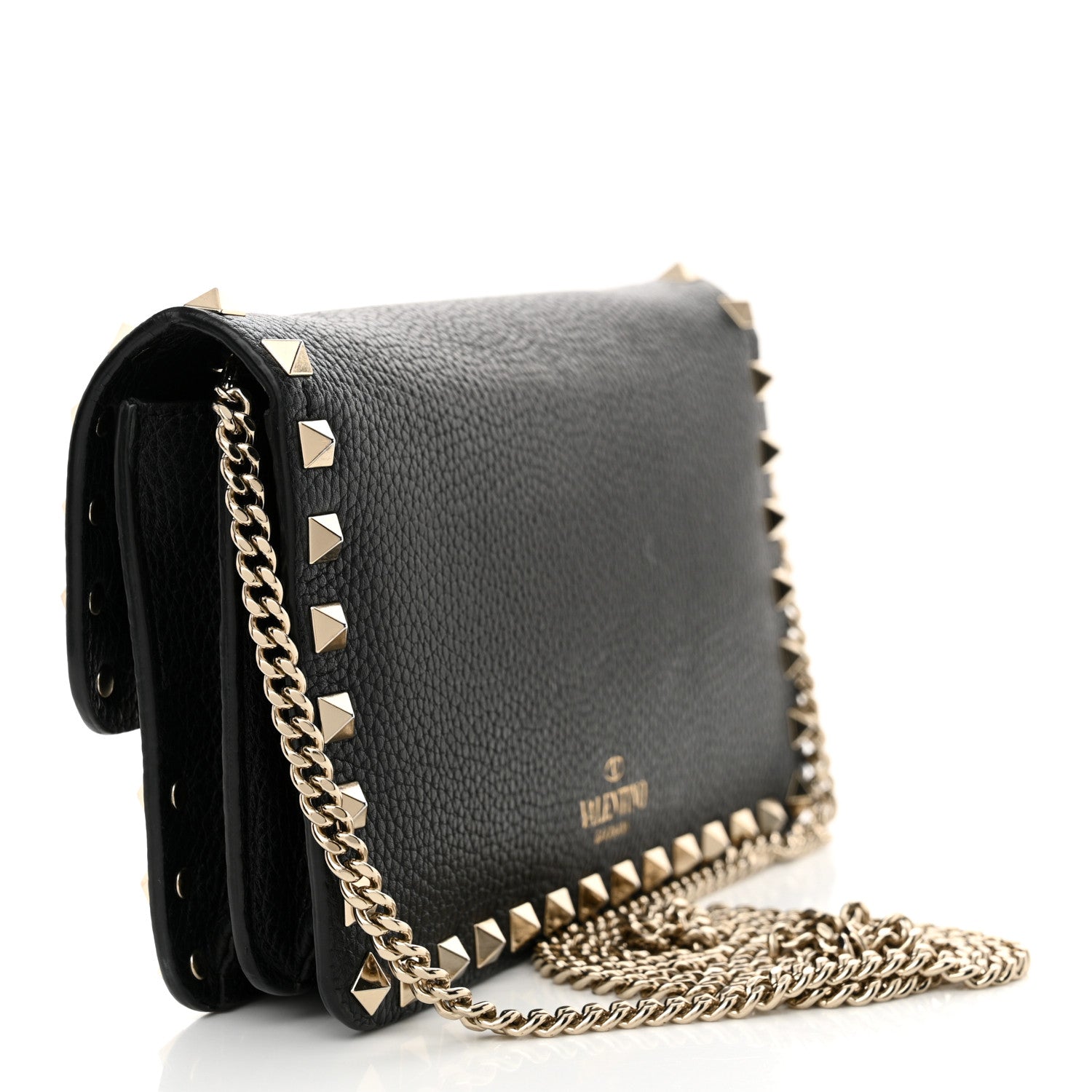 Valentino Garavani Pebbled Calfskin Rockstud Flap Wallet On Chain Black 3 of 12