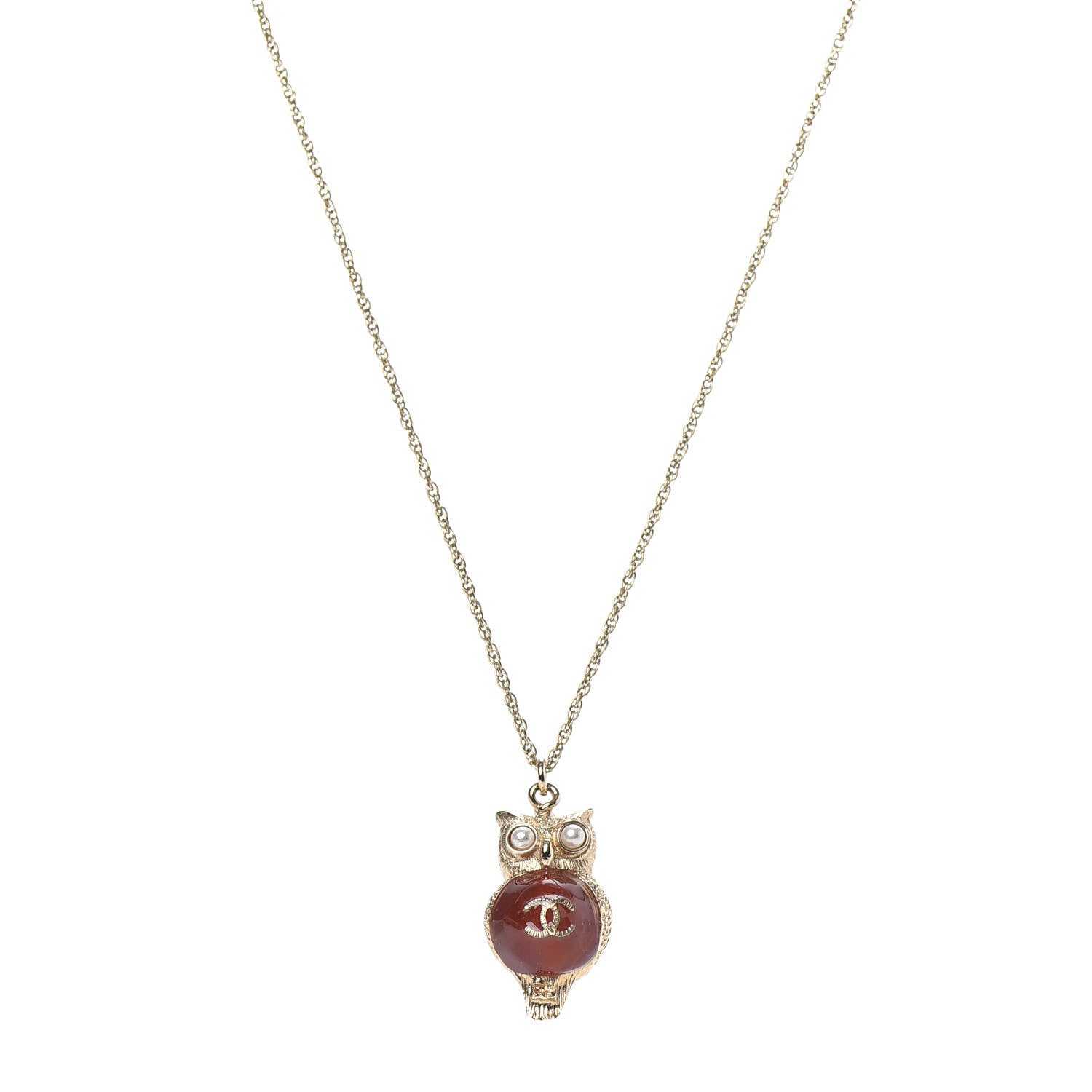 Chanel Resin Pearl CC Owl Necklace Gold Orange 1 of 6