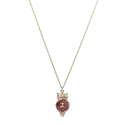 Chanel Resin Pearl CC Owl Necklace Gold Orange 1 of 6