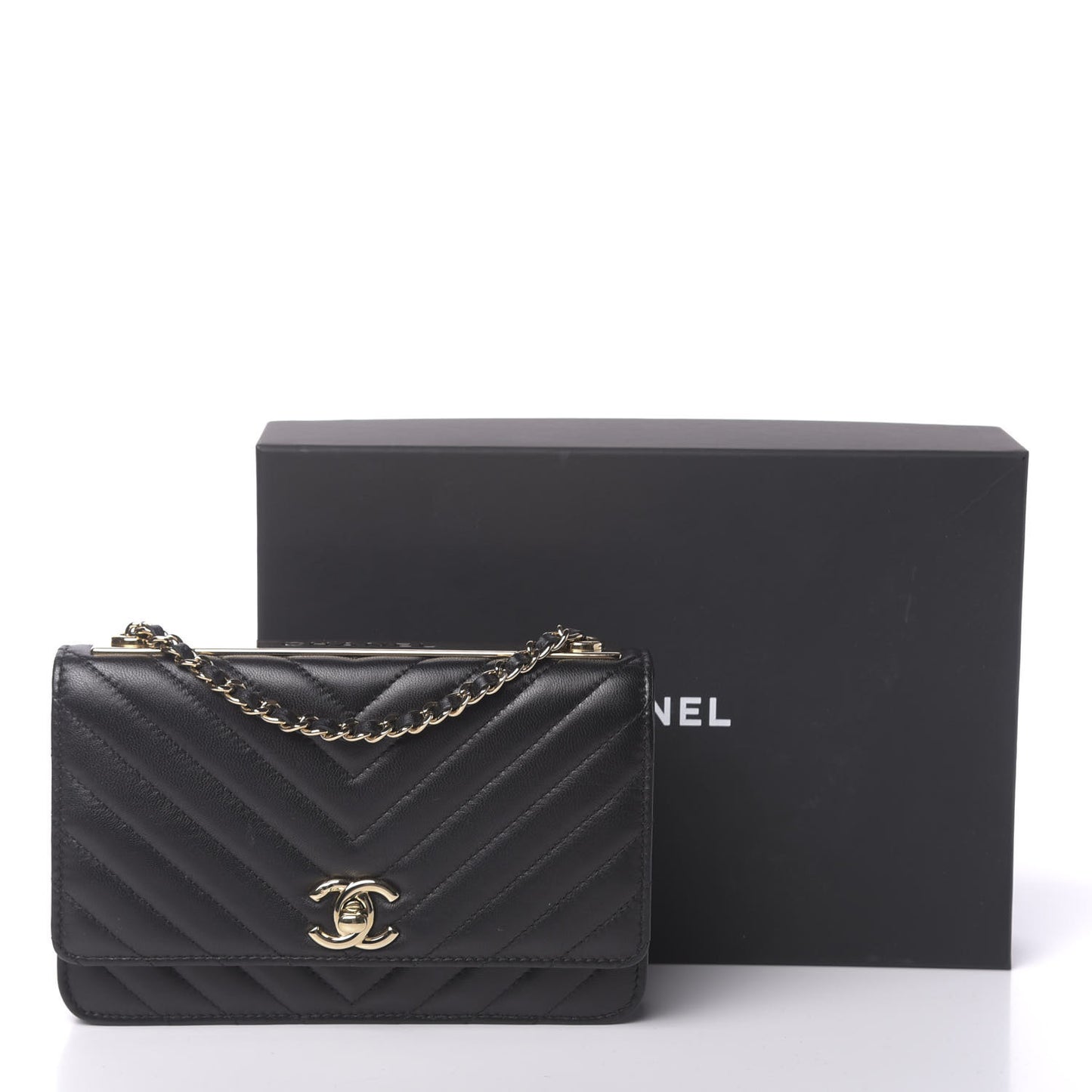 Lambskin Chevron Quilted Trendy CC Wallet On Chain WOC Black