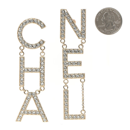 Chanel Crystal Cha-Nel Logo Drop Earrings Gold 2 of 4