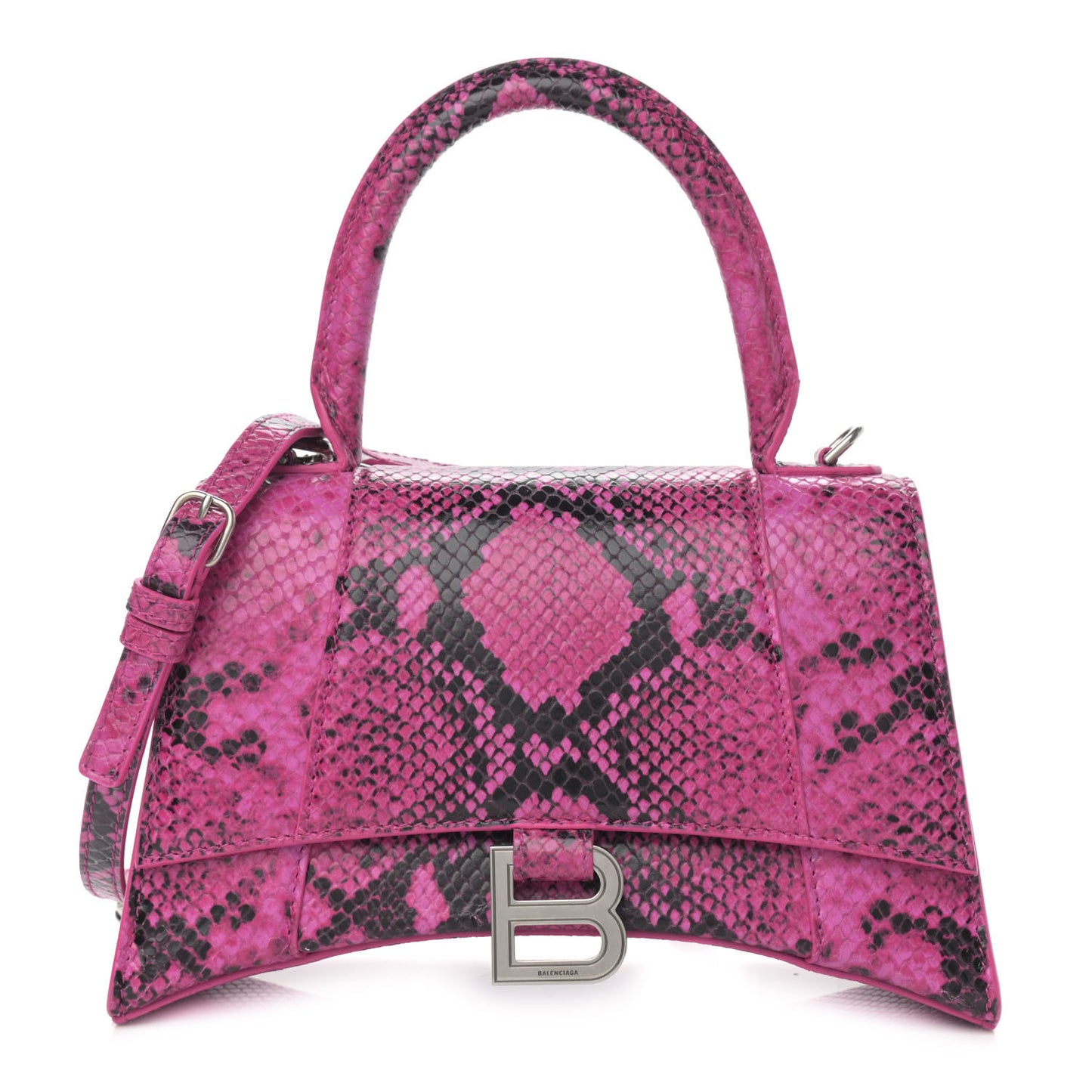 Shiny Calfskin Python Effect Small Hourglass Top Handle Bag Fuchsia Black
