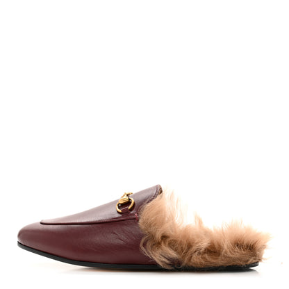 Gucci Malaga Kid Fur Womens Princetown Slippers 37 Vintage Bordeaux Naturale 1 of 10