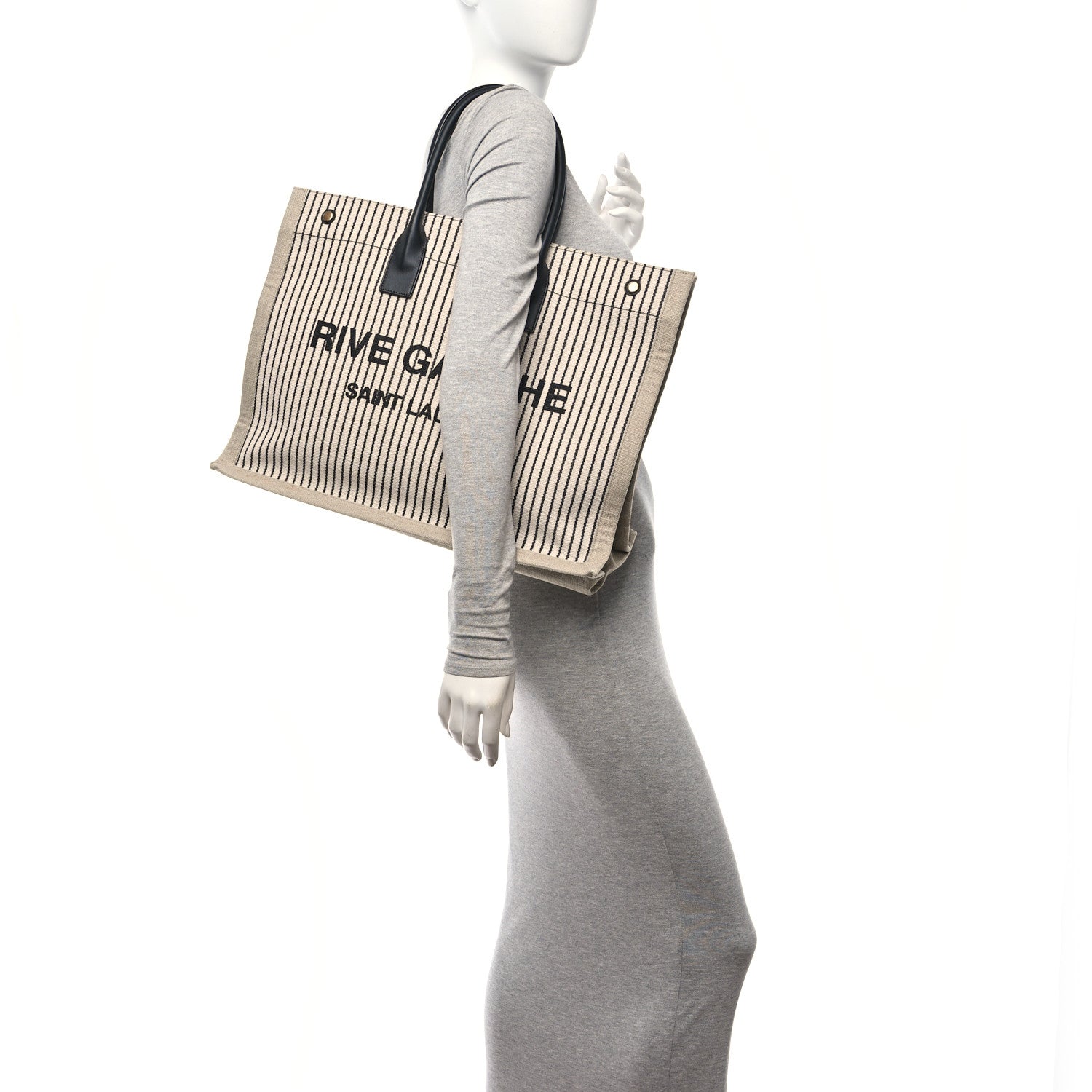Saint Laurent Embroidered Cotton Linen Rive Gauche Noe Tote Natural Black 2 of 10