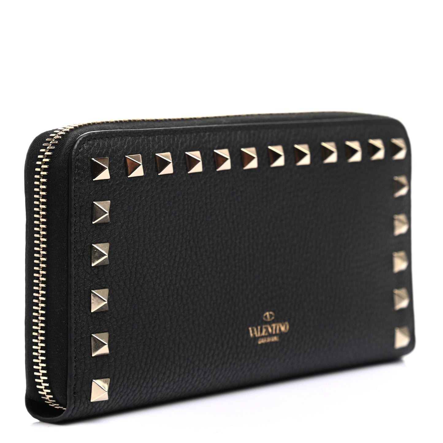Pebbled Calfskin Rockstud Zip Around Wallet Black