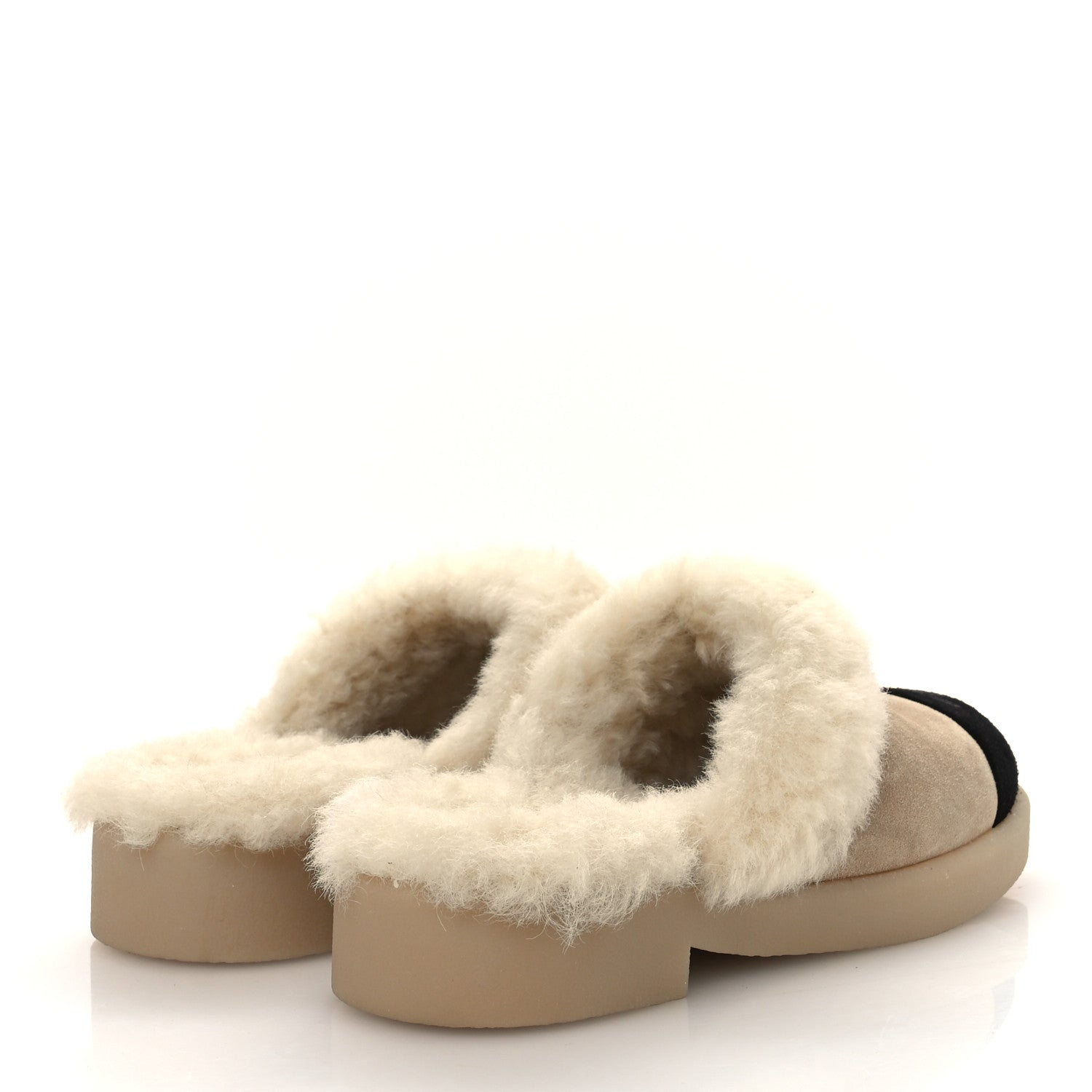 Chanel Suede Shearling CC Cap Toe Mules 38.5 Beige Black 5 of 11