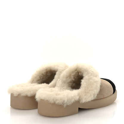 Chanel Suede Shearling CC Cap Toe Mules 38.5 Beige Black 5 of 11