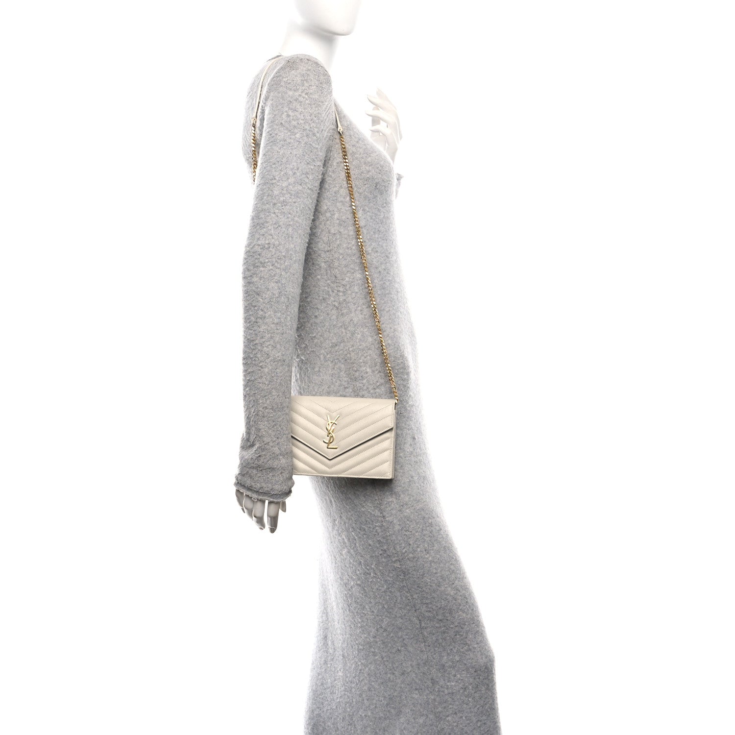 Saint Laurent Grain De Poudre Matelasse Chevron Monogram Envelope Chain Wallet Crema Soft 2 of 11