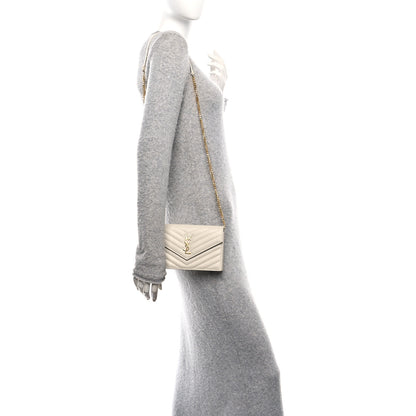 Saint Laurent Grain De Poudre Matelasse Chevron Monogram Envelope Chain Wallet Crema Soft 2 of 11