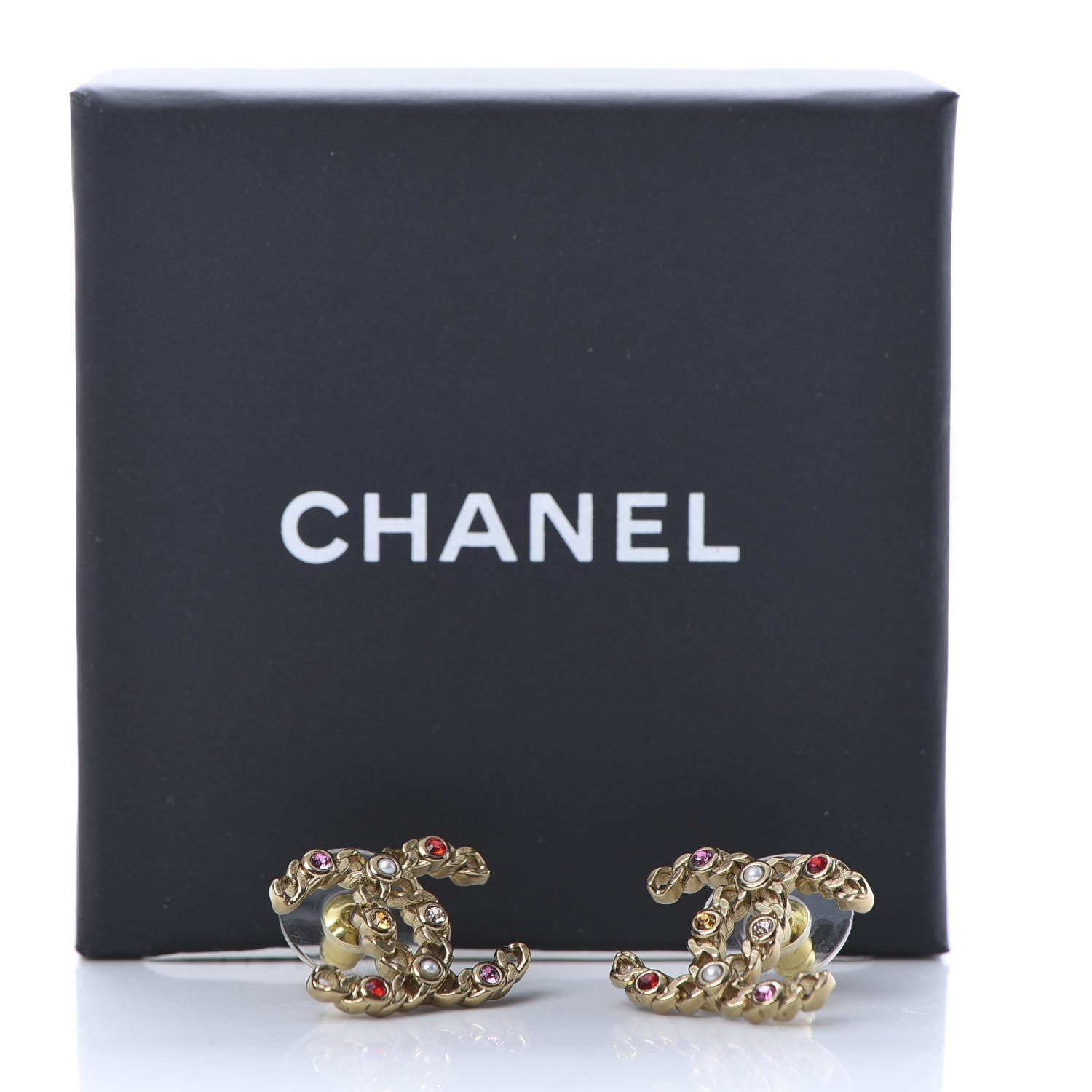Chanel Pearl Crystal Chain Link CC Earrings Gold Red Pink Yellow 5 of 5