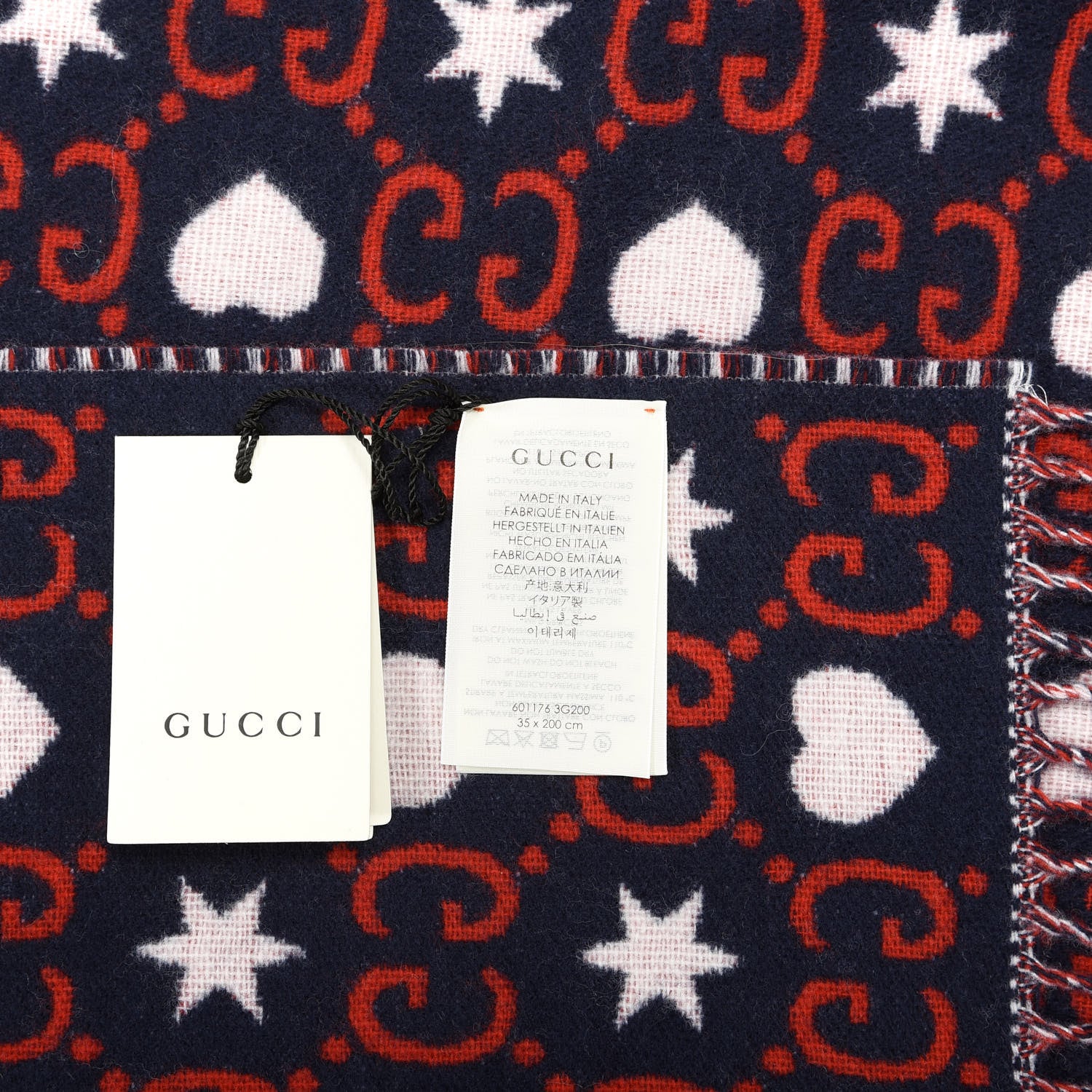 Gucci Wool Jacquard GG Monogram Hearts Scarf Red Blue 4 of 4