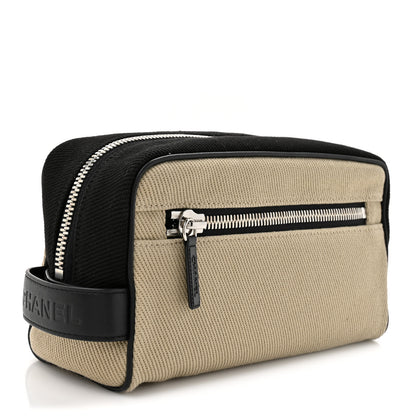 Chanel Canvas Calfskin Large Zippered Pouch Beige Black 3 of 8