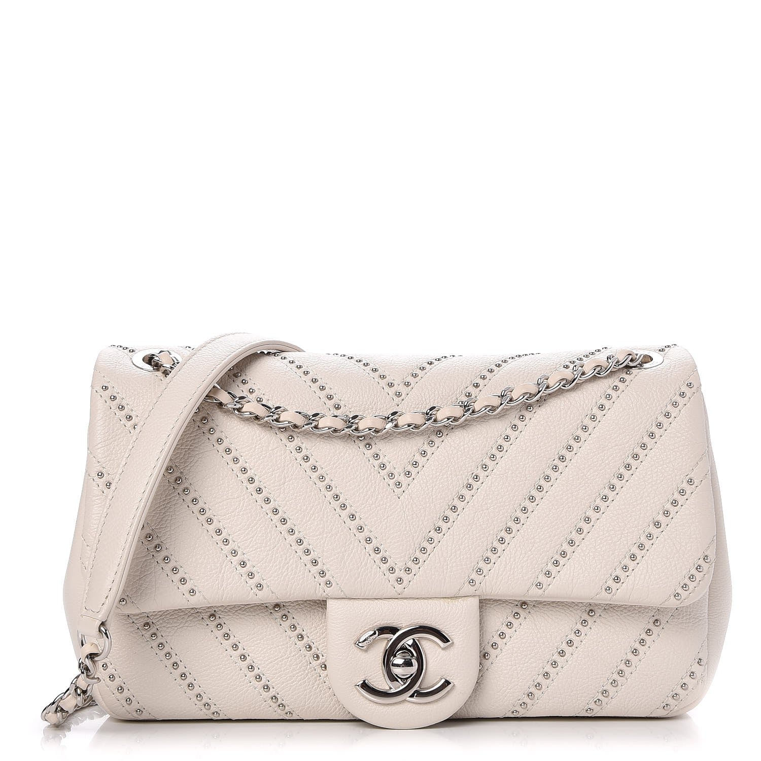 Chanel Calfskin Studded Chevron Quilted Small Stud Wars Flap White 1 of 8