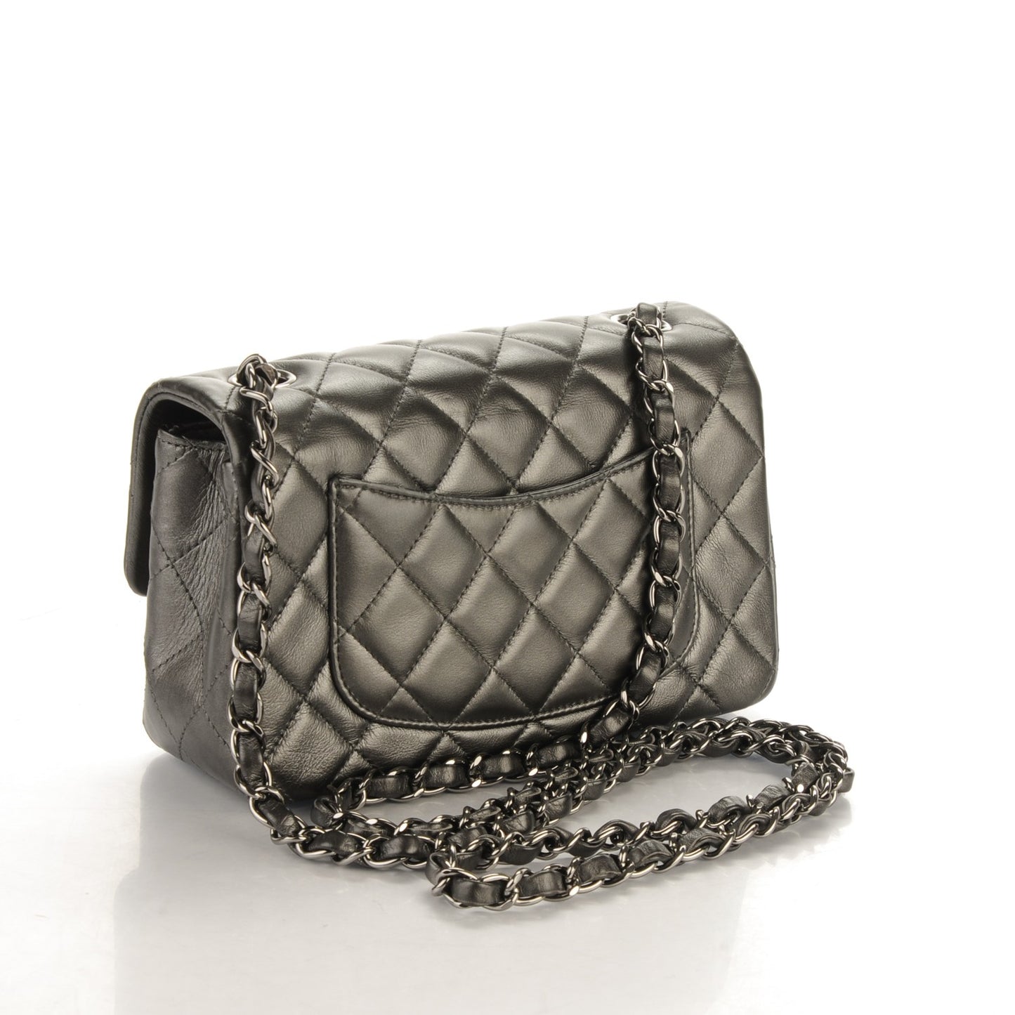 Metallic Calfskin Quilted Mini Rectangular Flap Charcoal Grey