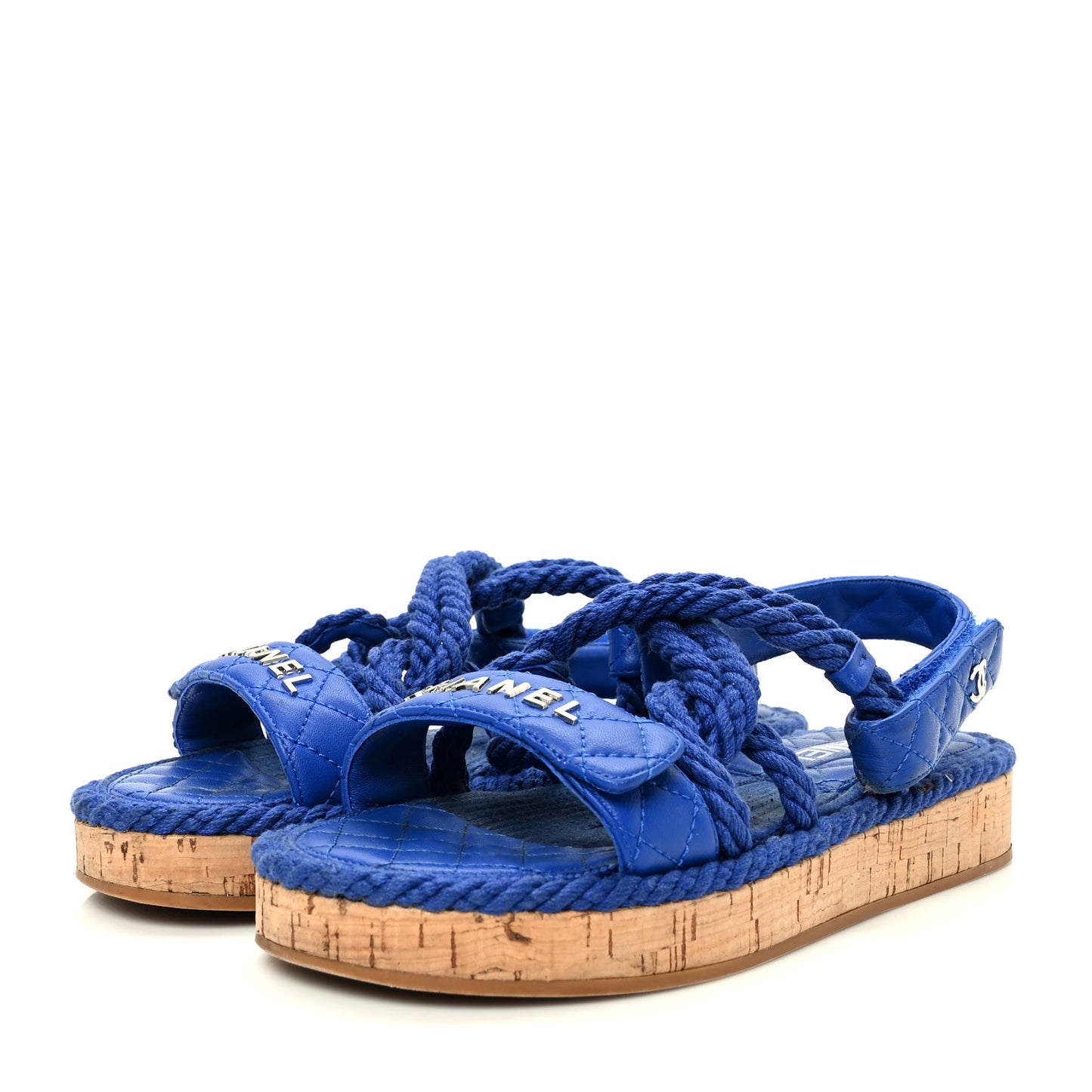 Cord Lambskin Quilted Logo Sandals 38 Blue