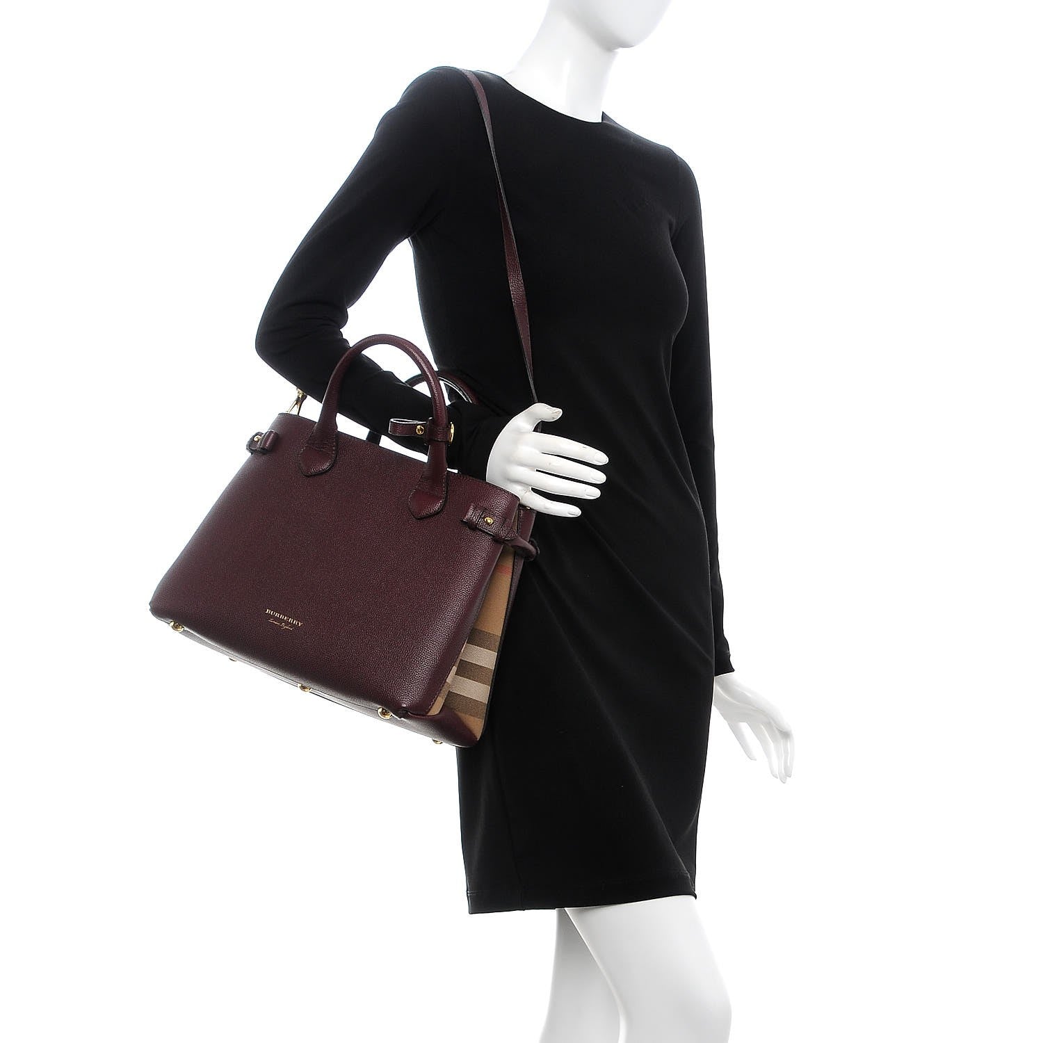 Burberry Grainy Calfskin House Check Medium Banner Tote Mahogany Red 2 of 9