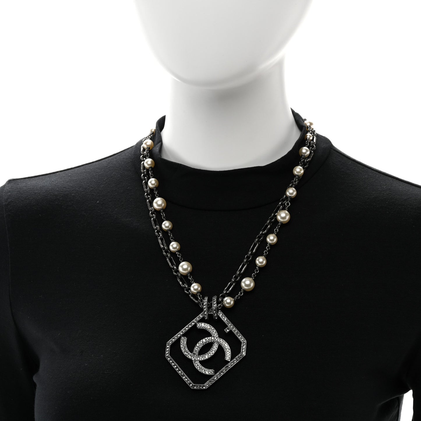 Pearl Crystal CC Double Strand Necklace Ruthenium