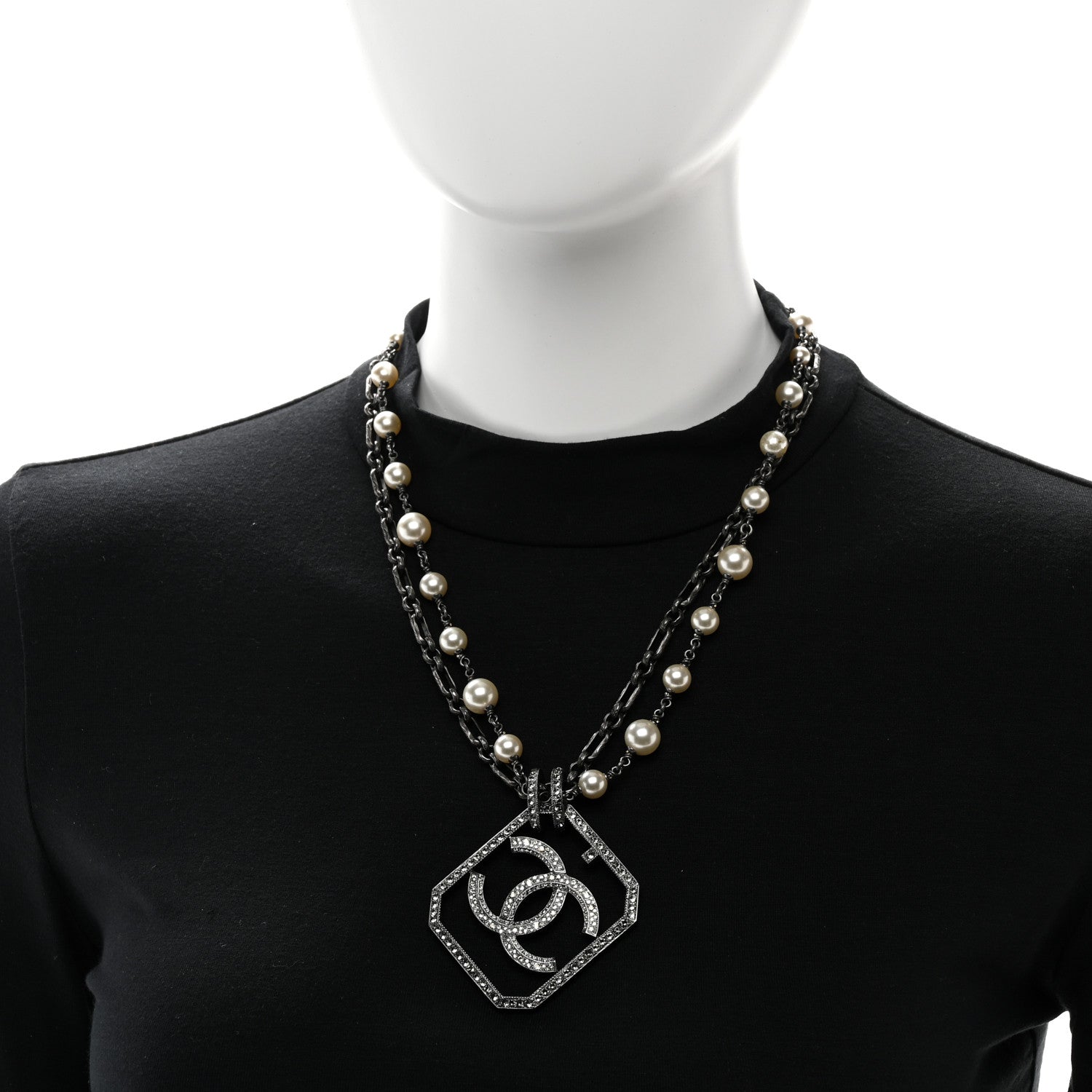 Chanel Pearl Crystal CC Double Strand Necklace Ruthenium 2 of 4