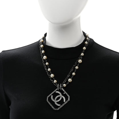 Chanel Pearl Crystal CC Double Strand Necklace Ruthenium 2 of 4