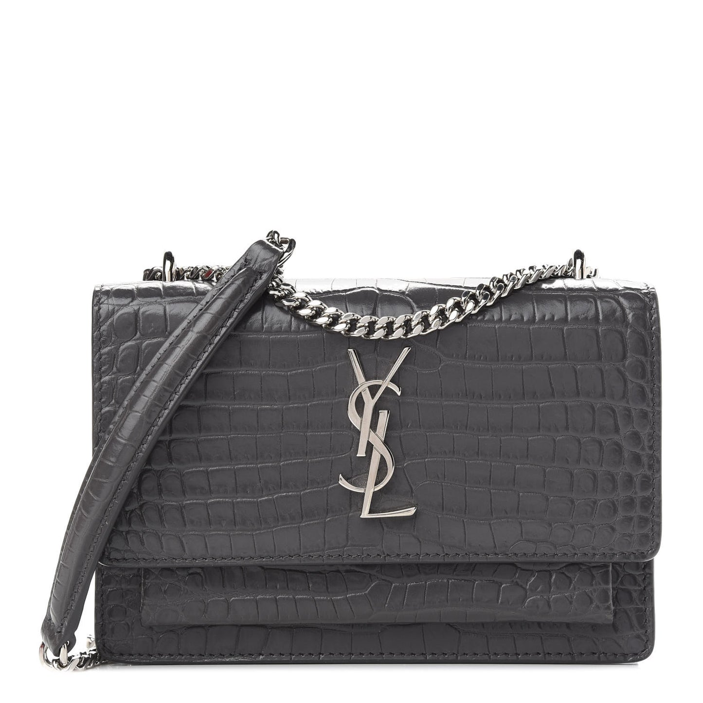 Calfskin Crocodile Embossed Monogram Sunset Chain Wallet Graphite