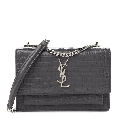 Saint Laurent Calfskin Crocodile Embossed Monogram Sunset Chain Wallet Graphite 1 of 8
