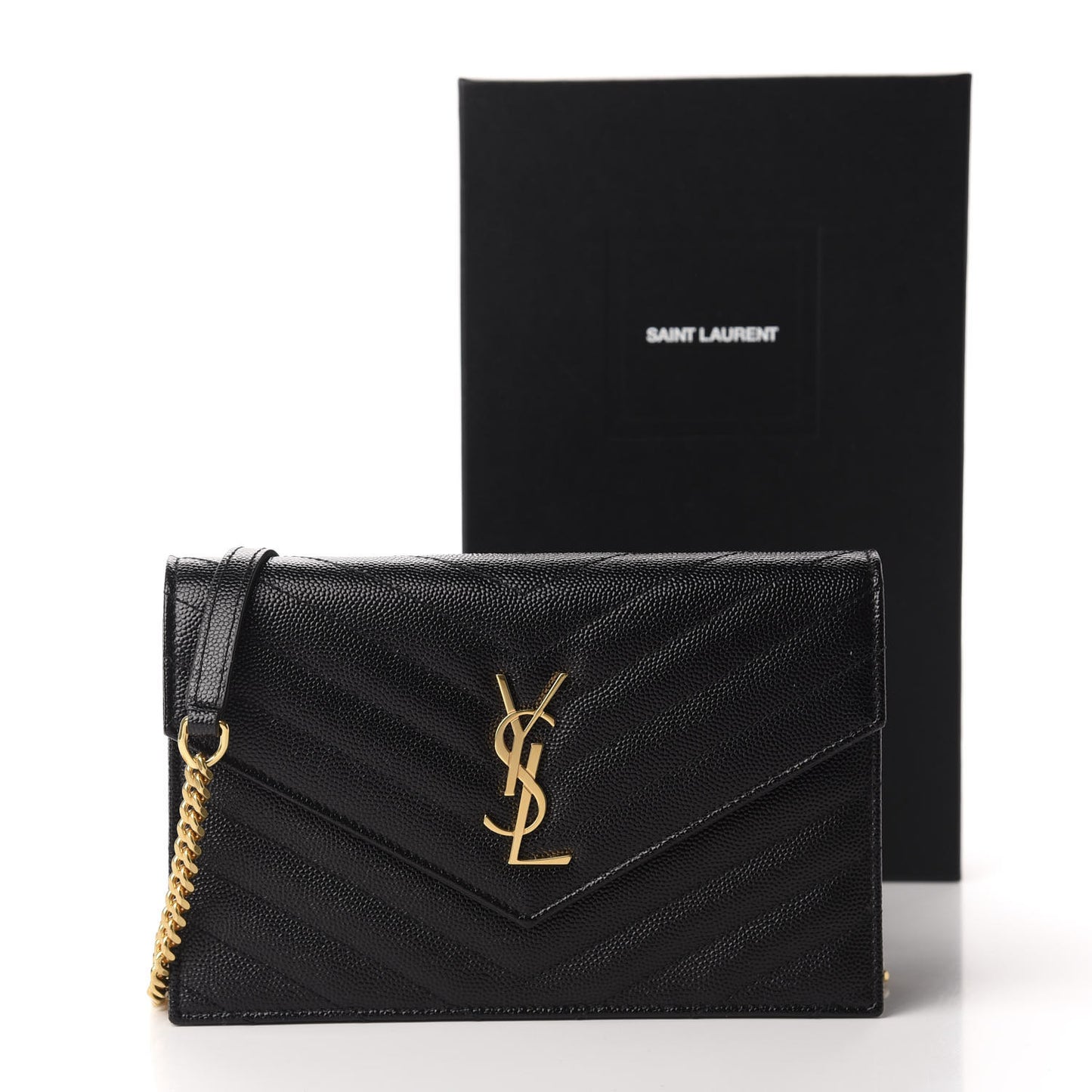 Grain De Poudre Matelasse Chevron Monogram Envelope Chain Wallet Black