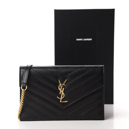 Saint Laurent Grain De Poudre Matelasse Chevron Monogram Envelope Chain Wallet Black 11 of 11