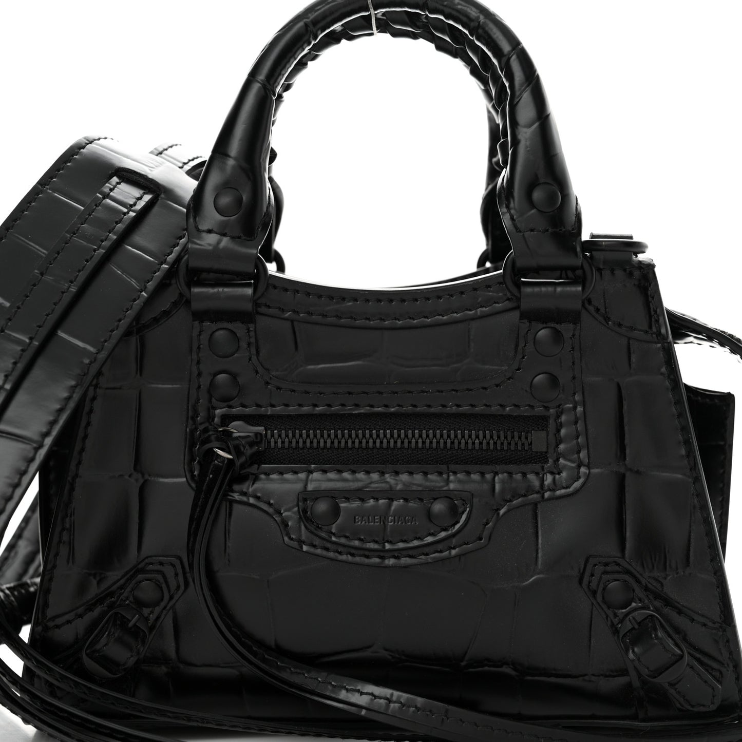 Semi Shiny Calfskin Crocodile Embossed Neo Classic Black Hardware Nano City Black