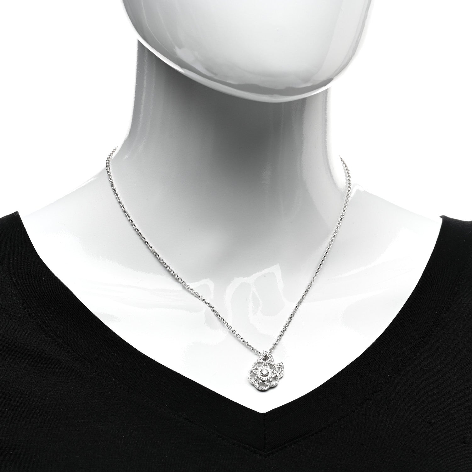 Chanel 18K White Gold Diamond Camelia Pendant Necklace 2 of 4